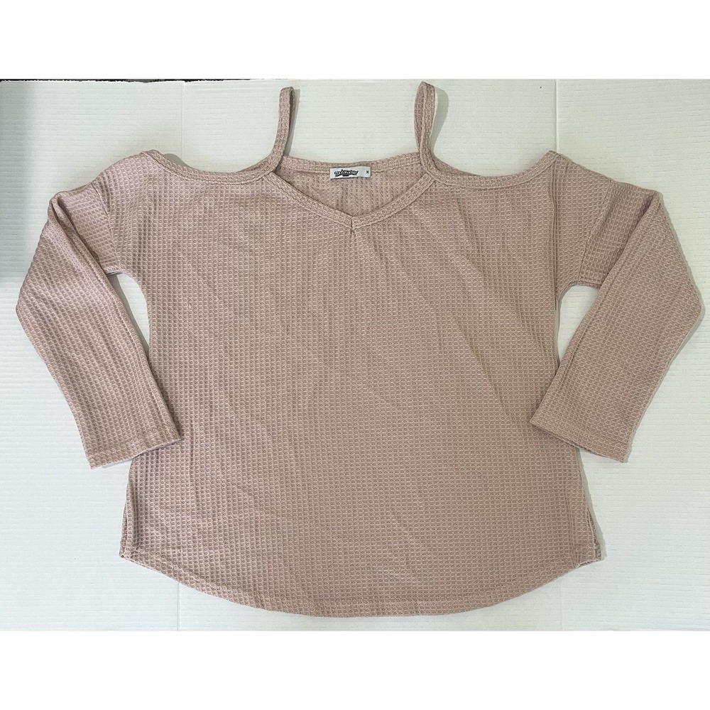Styleword Women's Tan Open Cold Shoulder V Neck Shirt Medium